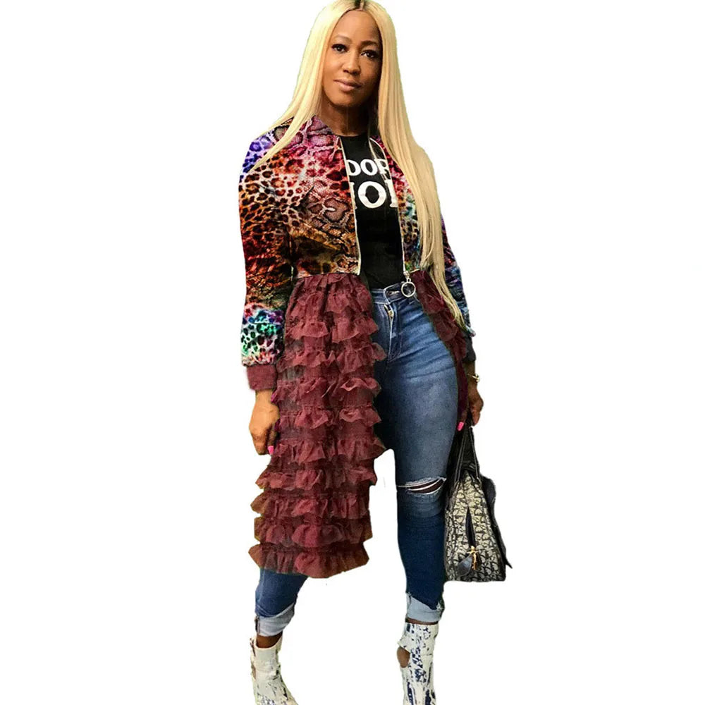 Camouflage Bomber Jacket Women Autumn Winter Streetwear Harajuku Jackets Layered Ruffle Long Coat Outwear Chaquetas